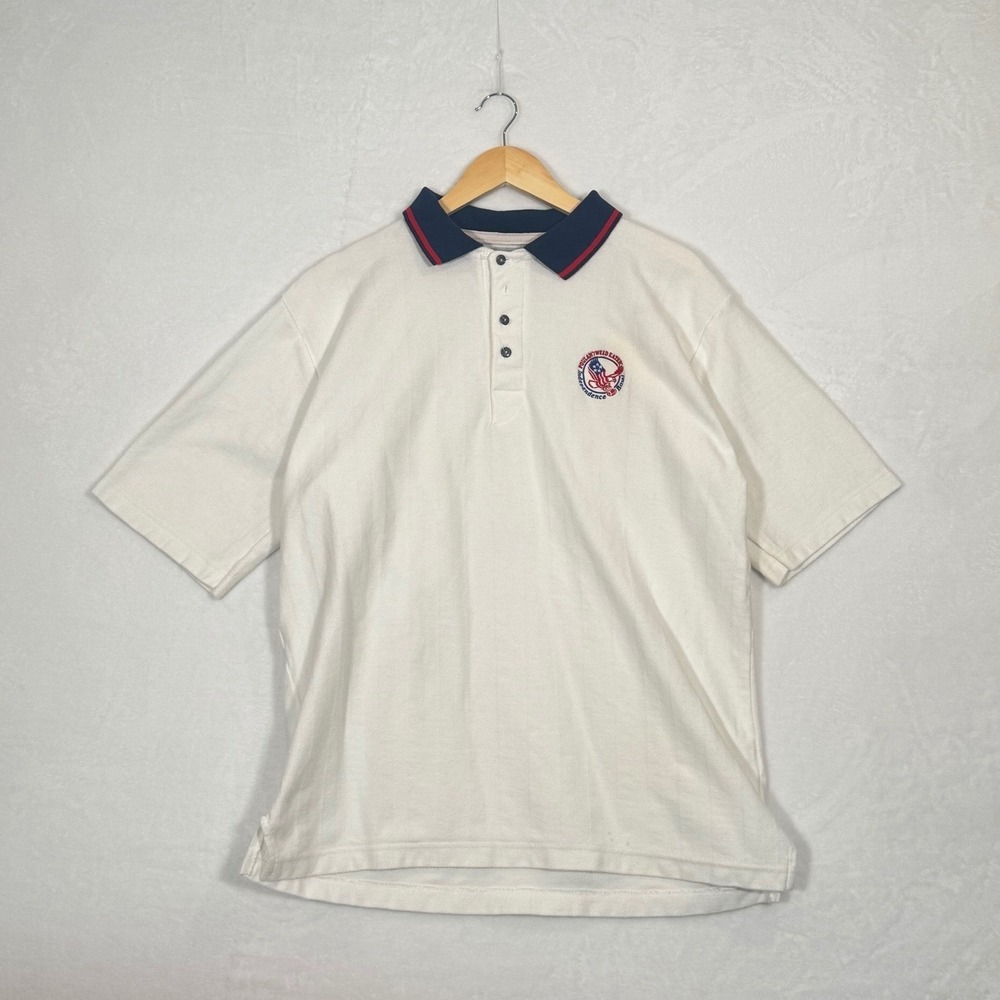 Vintage Sahara Mens XL Independence Bowl Polo Shirt White Cotton Herringbone USA